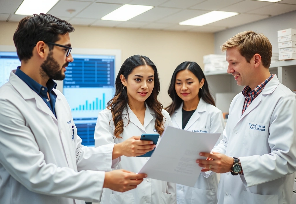 Un team di nutrizionisti che collabora in un laboratorio moderno, esaminando dati e ricerche scientifiche.