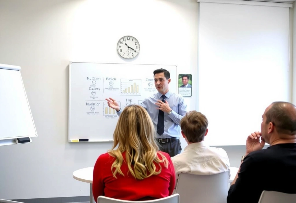 Un nutrizionista che spiega concetti complessi di nutrizione a un gruppo di persone, usando grafici e lavagne.
