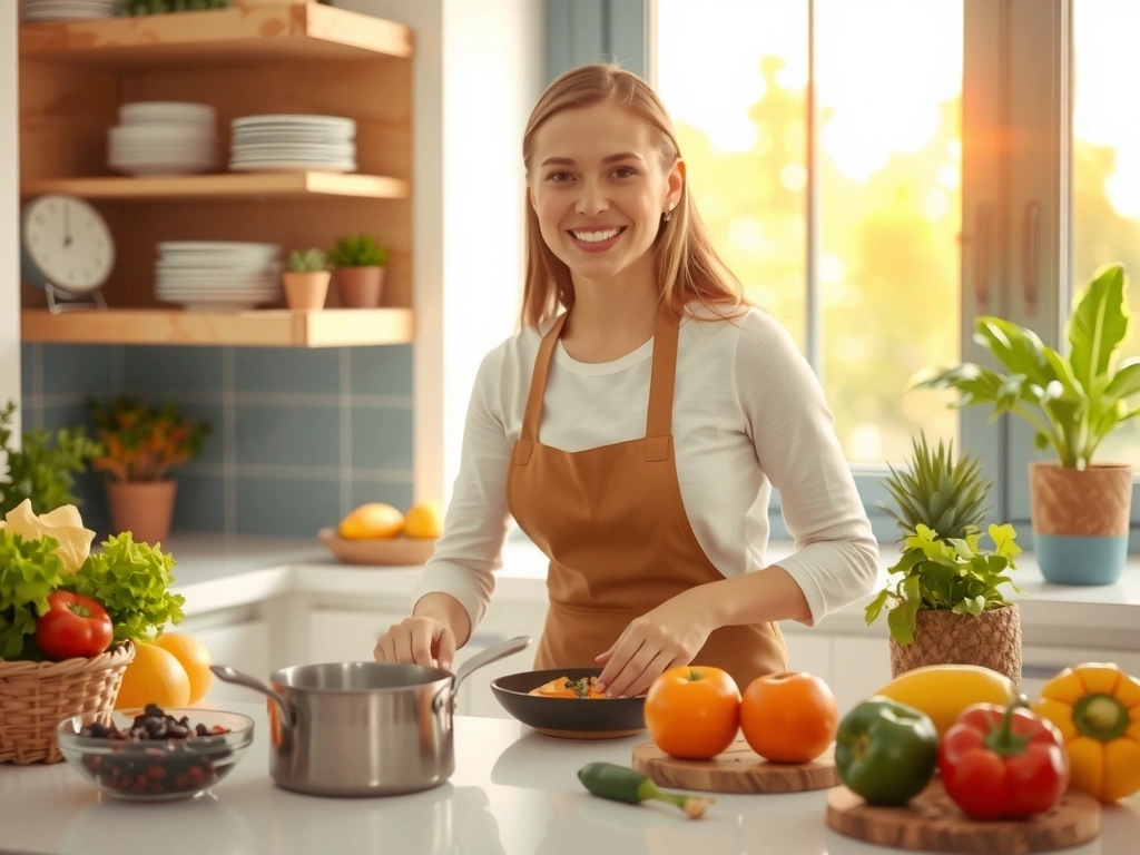 Una persona che sorride mentre prepara un pasto sano in una cucina moderna, simboleggiando la missione di NutriVita Italia.