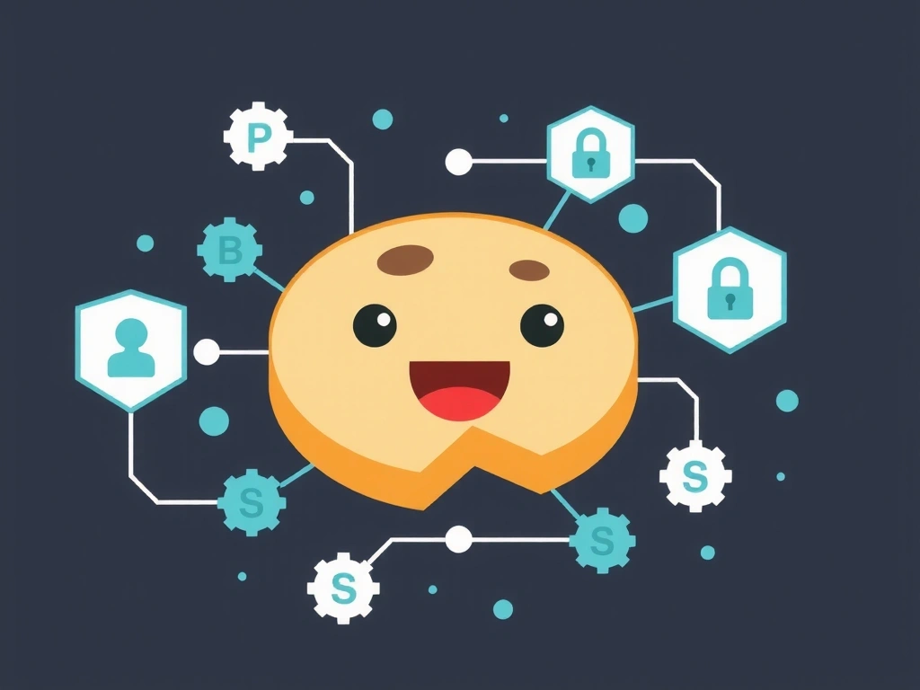 Illustrazione di un biscotto digitale con icone di protezione della privacy e ingranaggi