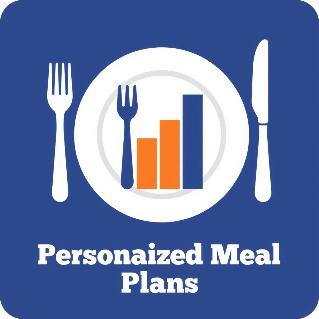 Icona di un piatto con posate e grafici a barre, che rappresenta i piani alimentari personalizzati e il monitoraggio dei progressi.