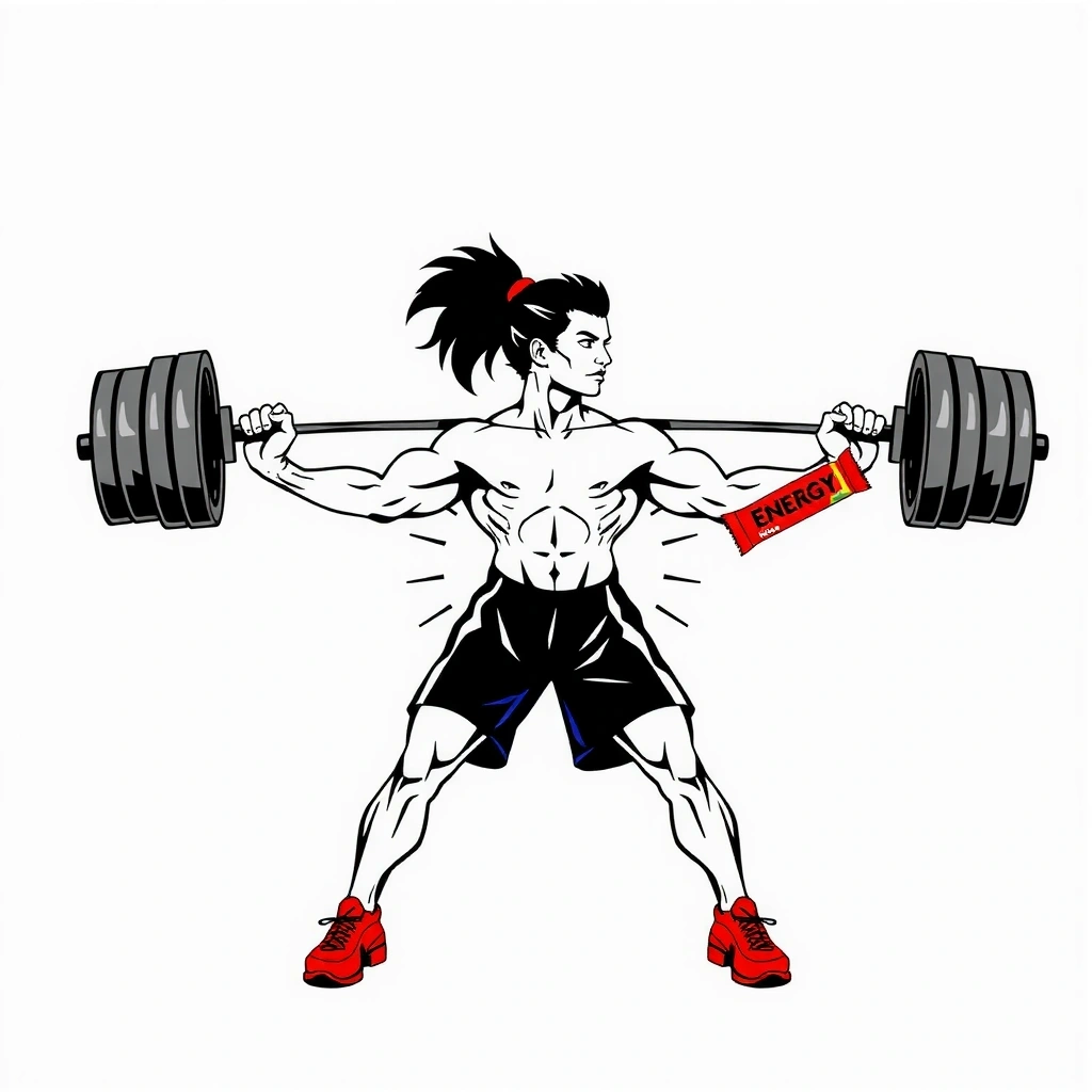 Icona di un atleta con pesi e una barra energetica, che rappresenta la nutrizione sportiva e l'ottimizzazione delle performance.