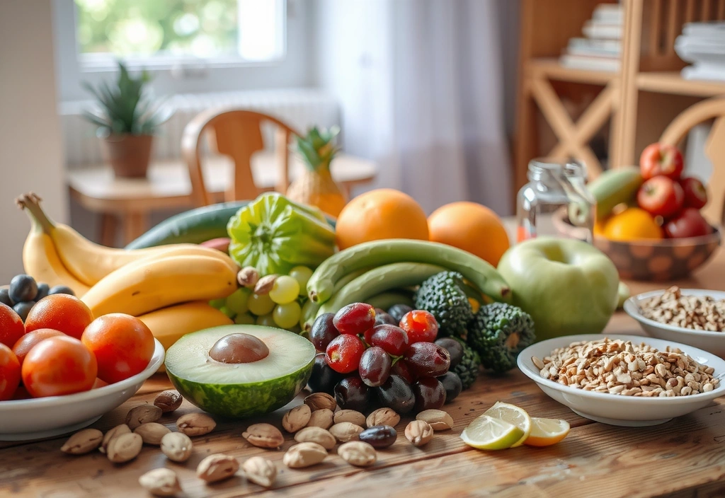 Tavola imbandita con cibi freschi e sani: frutta, verdura, noci e cereali integrali, simbolo di una dieta equilibrata e benessere.