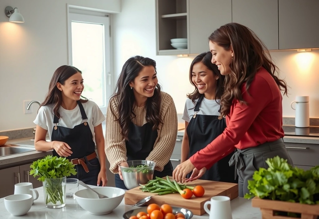 Un gruppo di amici che cucinano insieme e ridono, che illustra l'importanza del cibo come esperienza sociale e di benessere.