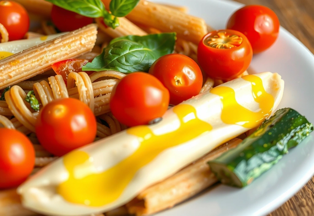 Un piatto di pasta integrale con verdure fresche e un filo d'olio d'oliva, che illustra un articolo su diete mediterranee sane.