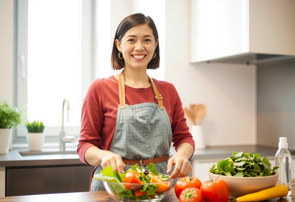 Una persona sorridente che prepara un'insalata fresca con verdure colorate in una cucina luminosa, simboleggiando la gioia di cucinare e mangiare sano.