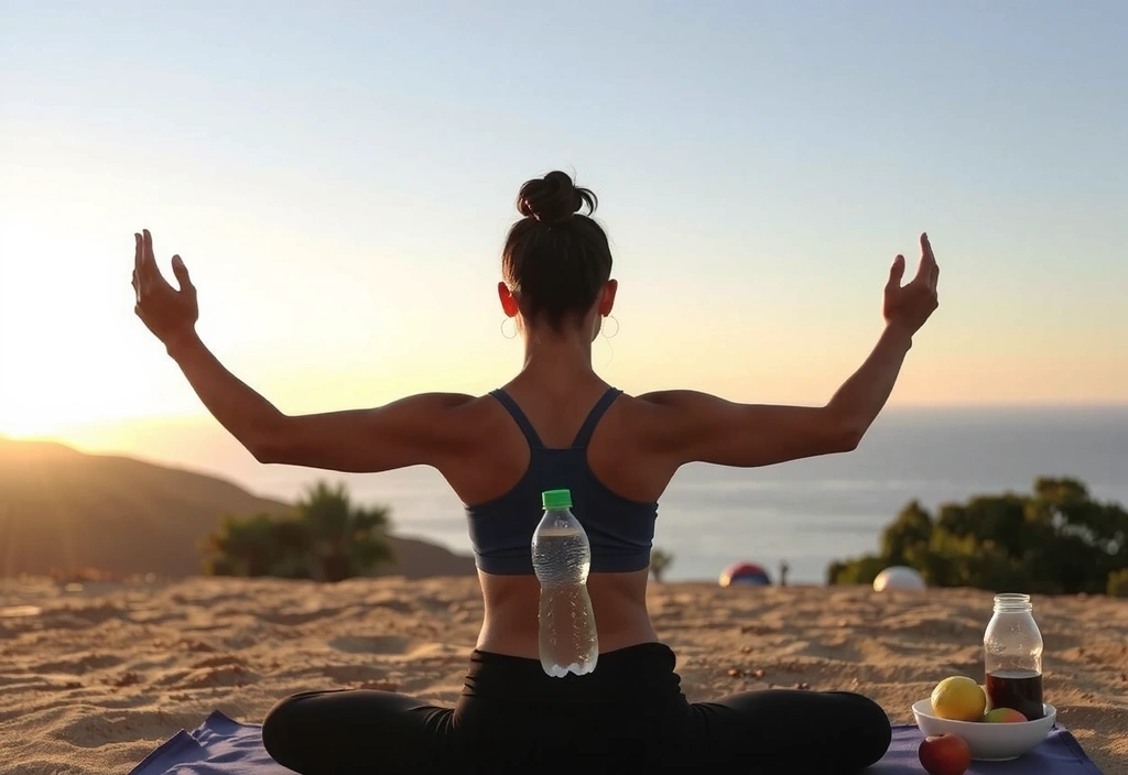 Una persona che fa yoga al tramonto, con una bottiglia d'acqua e frutta, che simboleggia l'importanza dell'idratazione e degli snack sani.