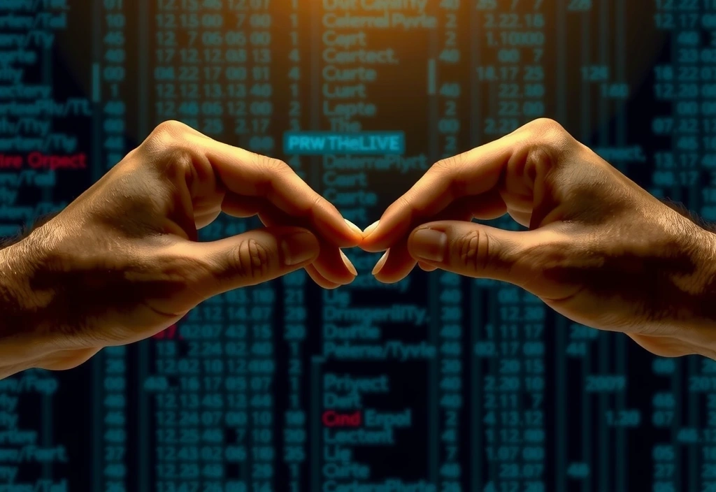 Mani che si stringono in segno di fiducia con sfondo astratto di dati digitali