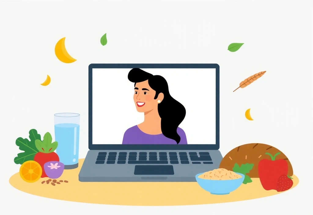Immagine illustrativa di una consulenza nutrizionale online con una persona che parla al computer e simboli di cibo sano.