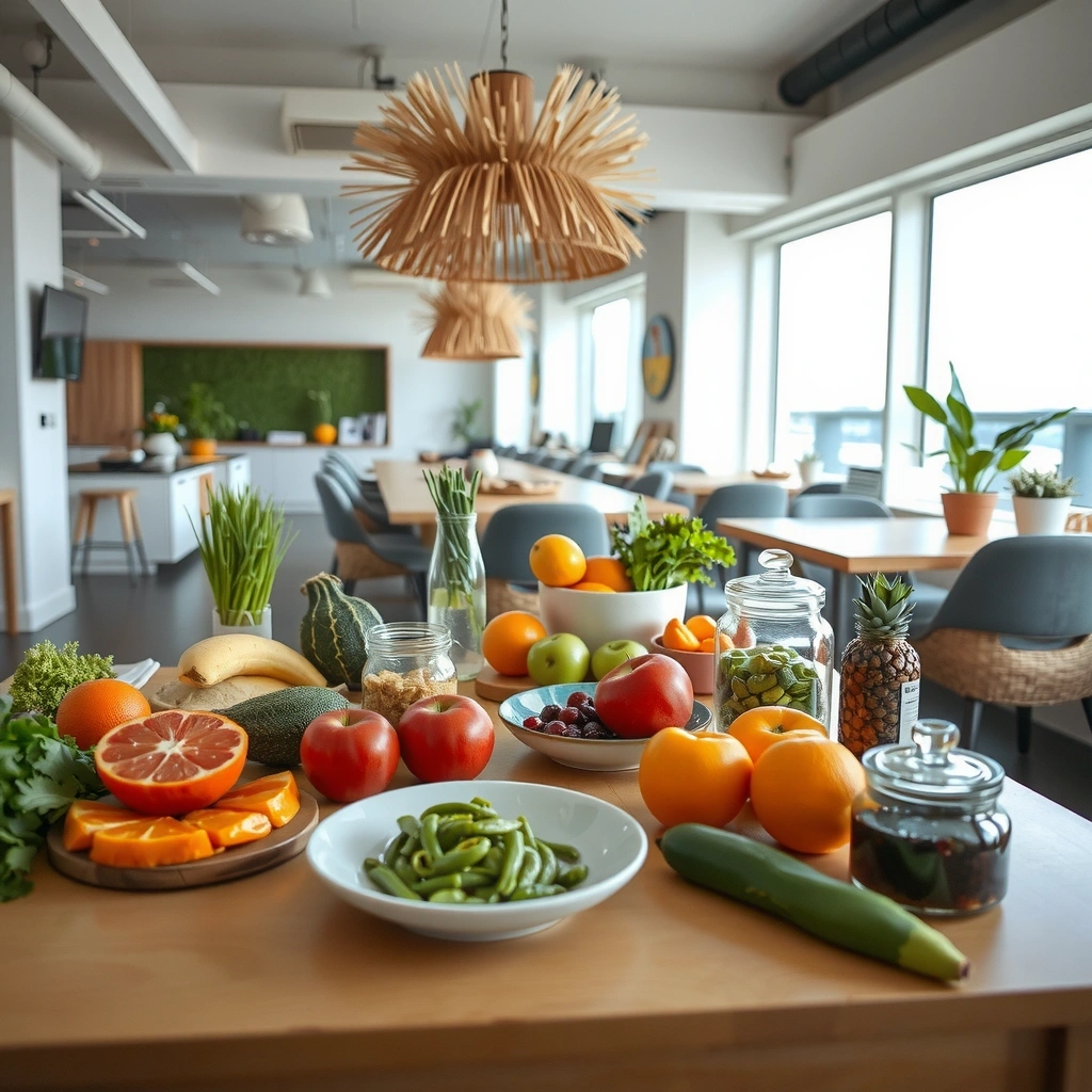 Farbenfroher, gesund gedeckter Tisch mit frischen Zutaten